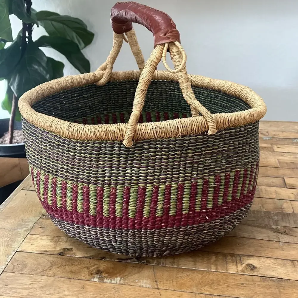Vintage Hand-woven African Bolga Basket Leather Handle 15